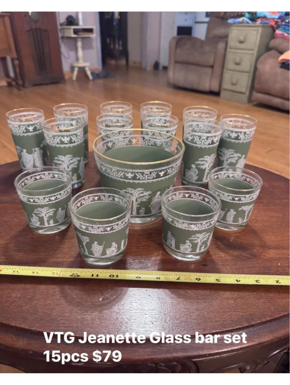 vintage 15-piece Jeanette Glass Hellenic (Wedgwood-style) Jasperware bar set
